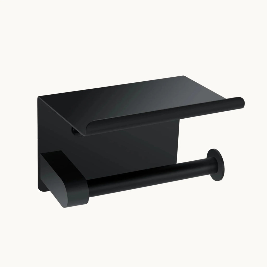 Matte black wall mounted toilet paper holder with shelf, modern bathroom hardware