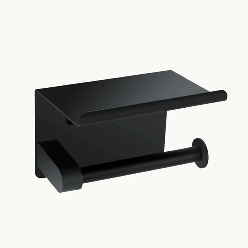 Matte black wall mounted toilet paper holder with shelf, modern bathroom hardware