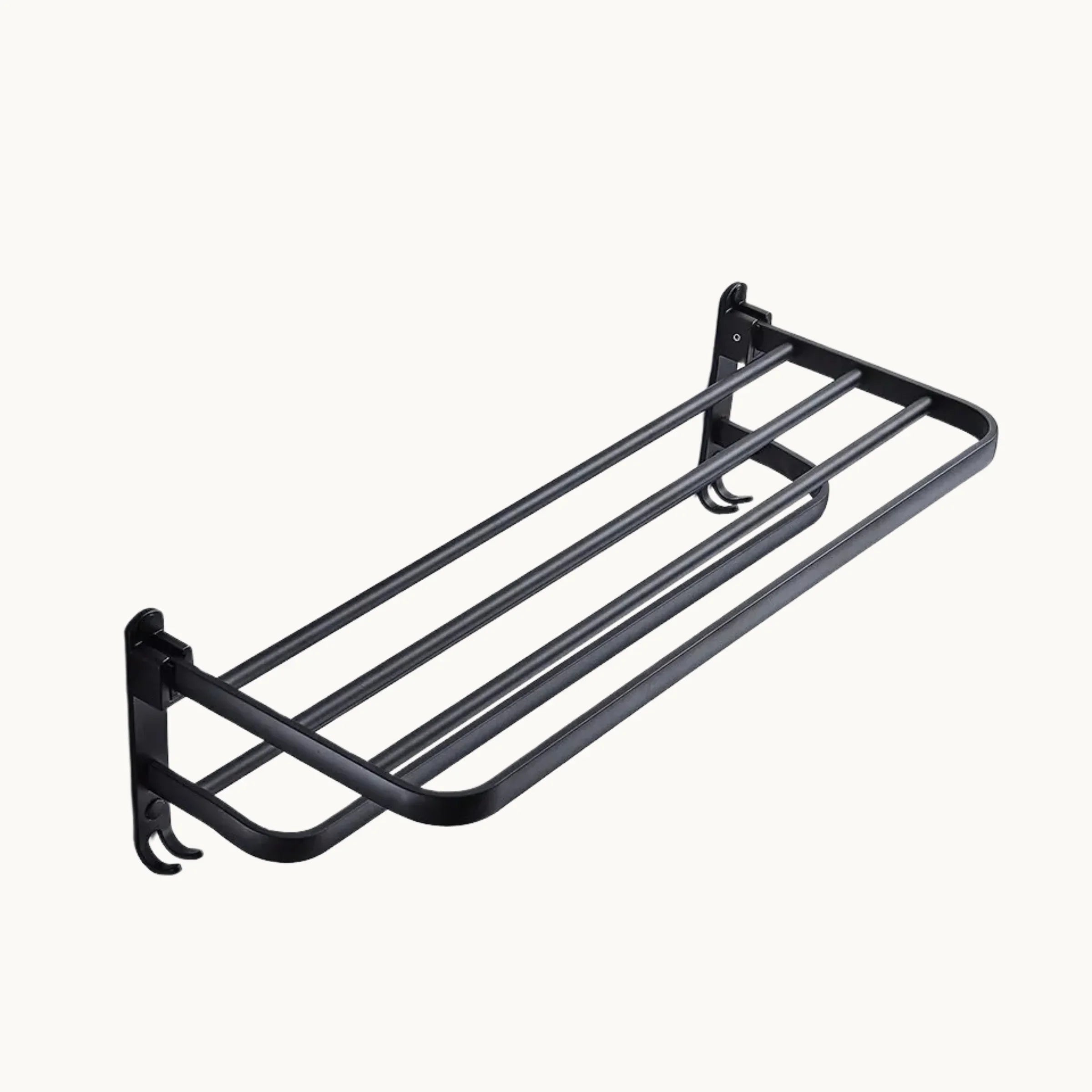 Black wall mounted drying rack with hooks, space-saving modern bathroom hardware
