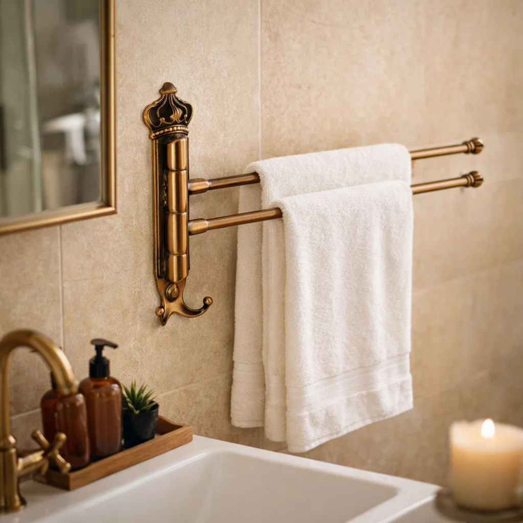 Vintage brass wall mounted towel rack with white towels in a modern bathroom setting