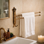 Vintage brass wall mounted towel rack with white towels in a modern bathroom setting