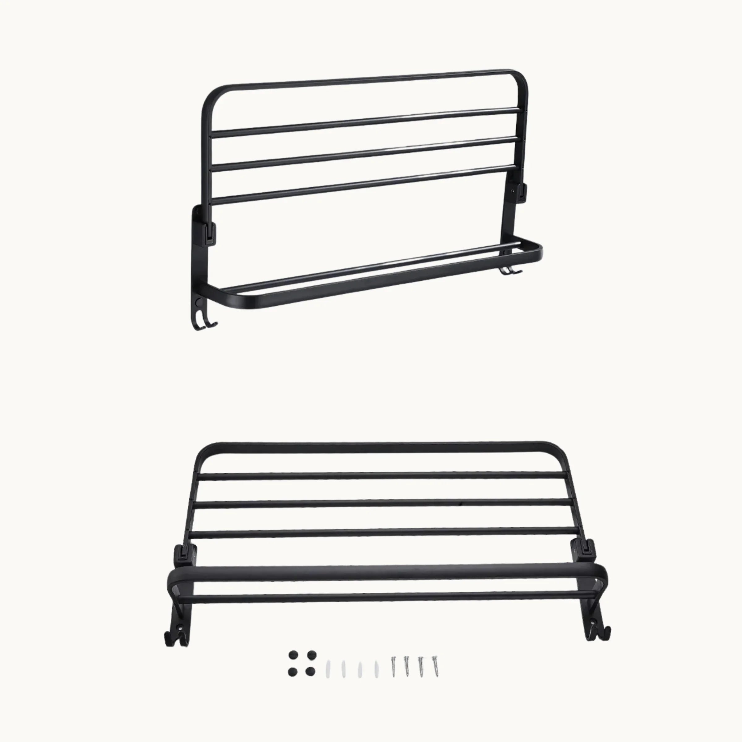 Black wall mounted drying rack with installation hardware, space-saving bathroom accessory.