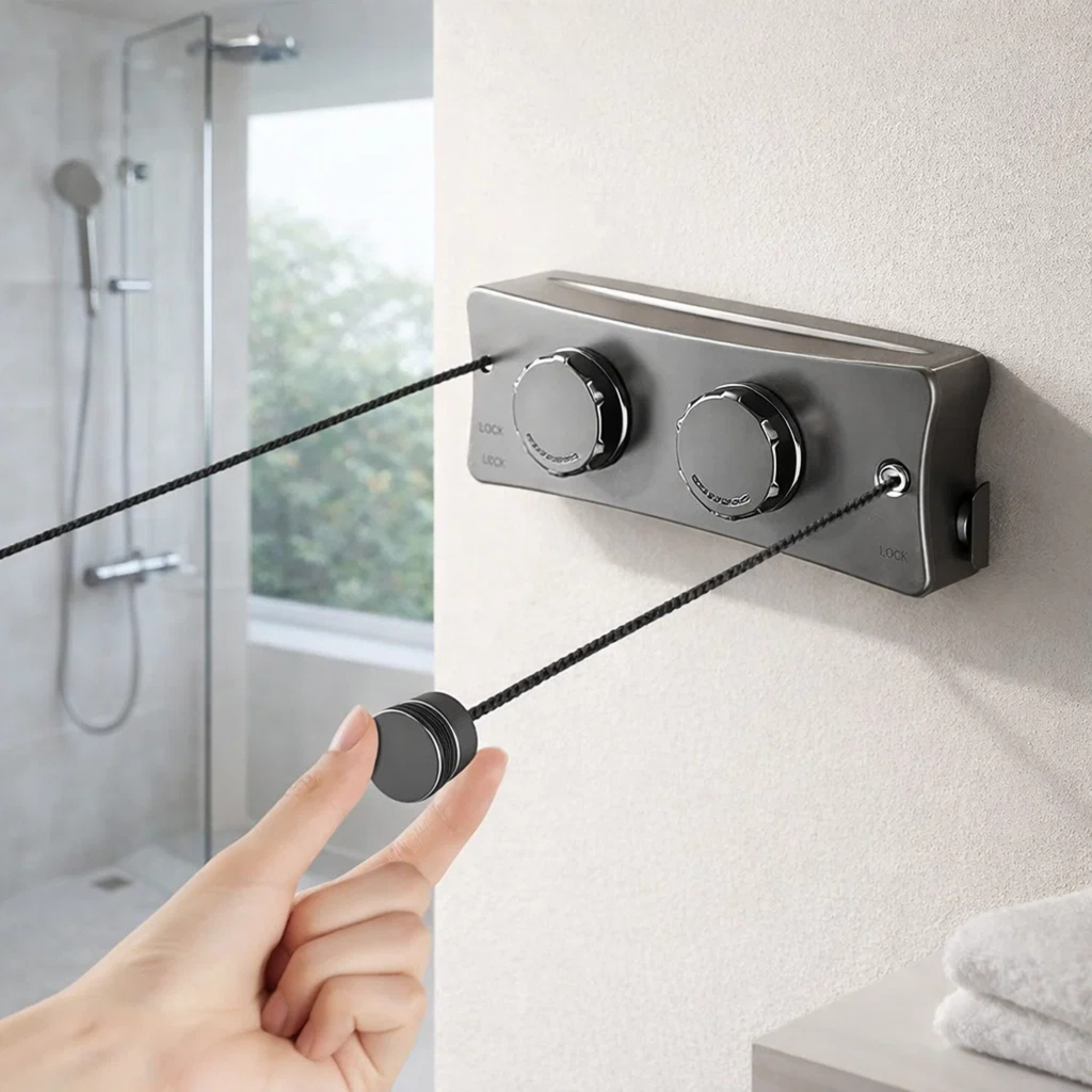 Wall mounted retractable drying rack in modern bathroom with hand pulling cord