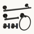 Modern black bathroom hardware set with towel bar, ring, hooks, and toilet paper holder