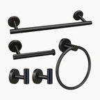 Modern black bathroom hardware set with towel bar, ring, hooks, and toilet paper holder