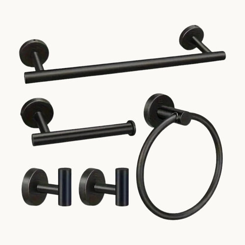 Modern black bathroom hardware set with towel bar, ring, hooks, and toilet paper holder