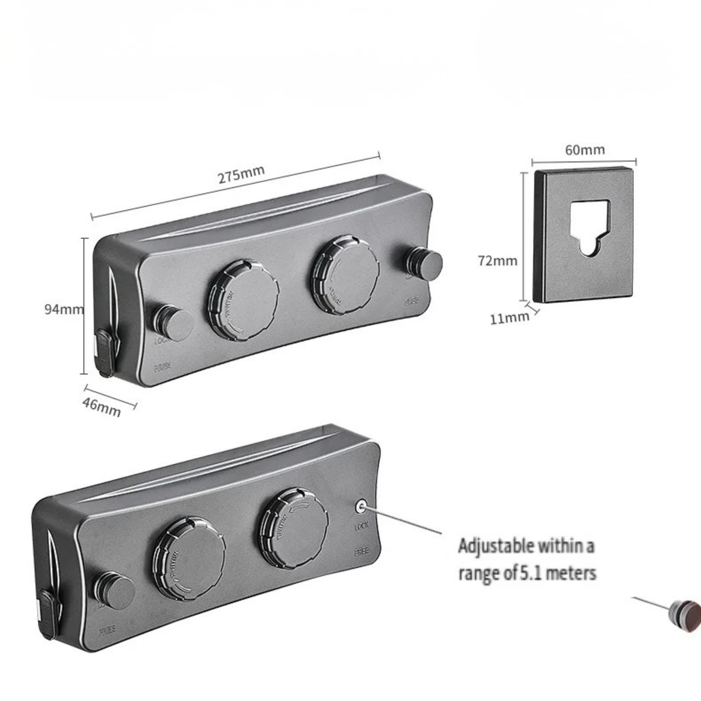 Wall mounted retractable drying rack, adjustable, gray, with dimensions and lock features shown.