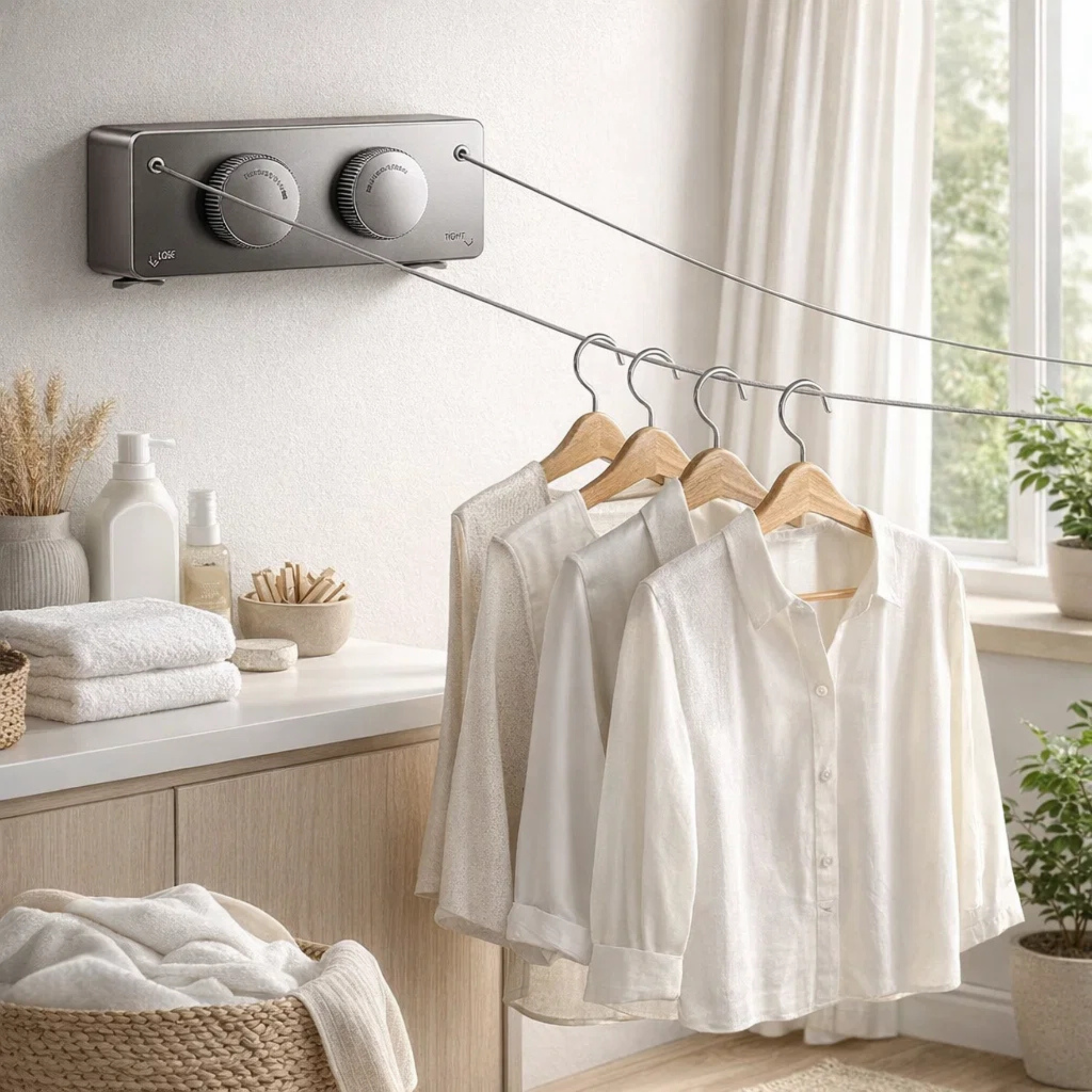 Wall mounted retractable drying rack with shirts hanging in a bright, modern laundry room