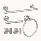 Modern stainless steel bathroom hardware set with towel bar, towel ring, hooks, and toilet paper holder on white background