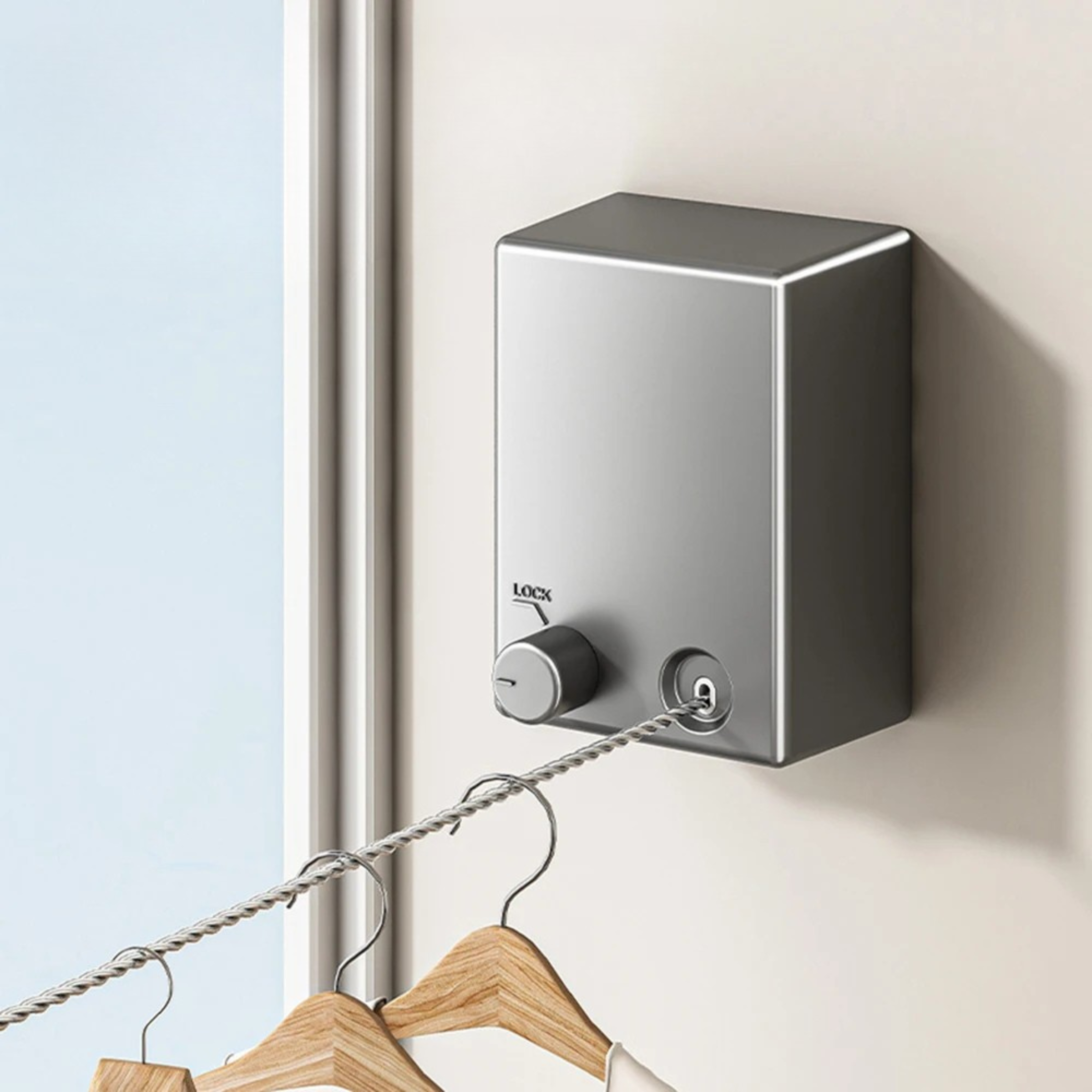 Wall mounted retractable drying rack with metal casing, clothesline, and hangers