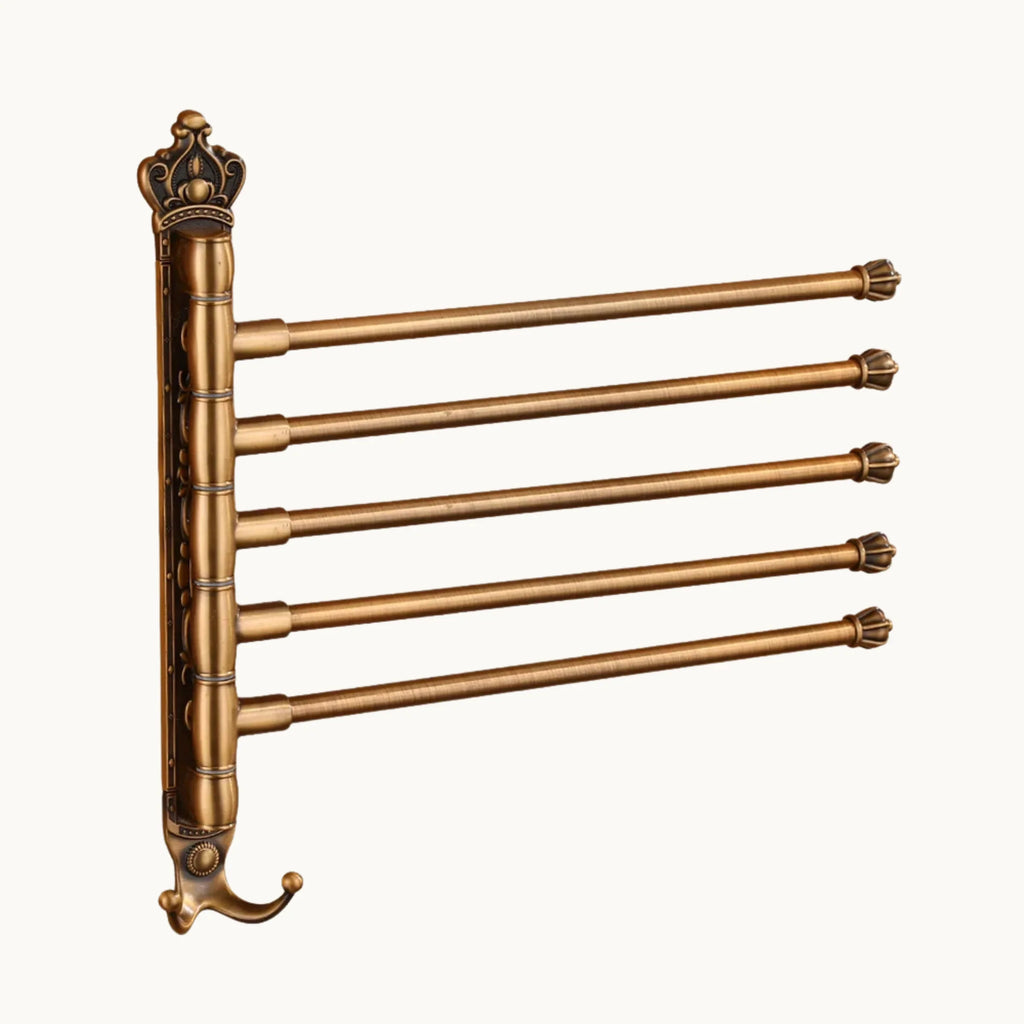 Vintage brass wall mounted swivel towel rack with five extendable arms