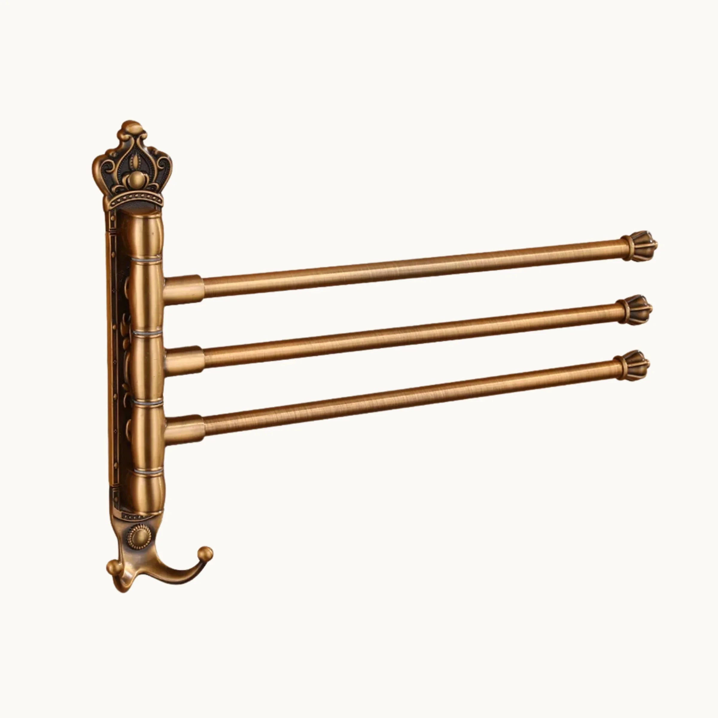 Vintage gold wall mounted drying rack with three swing arms and decorative crown accents
