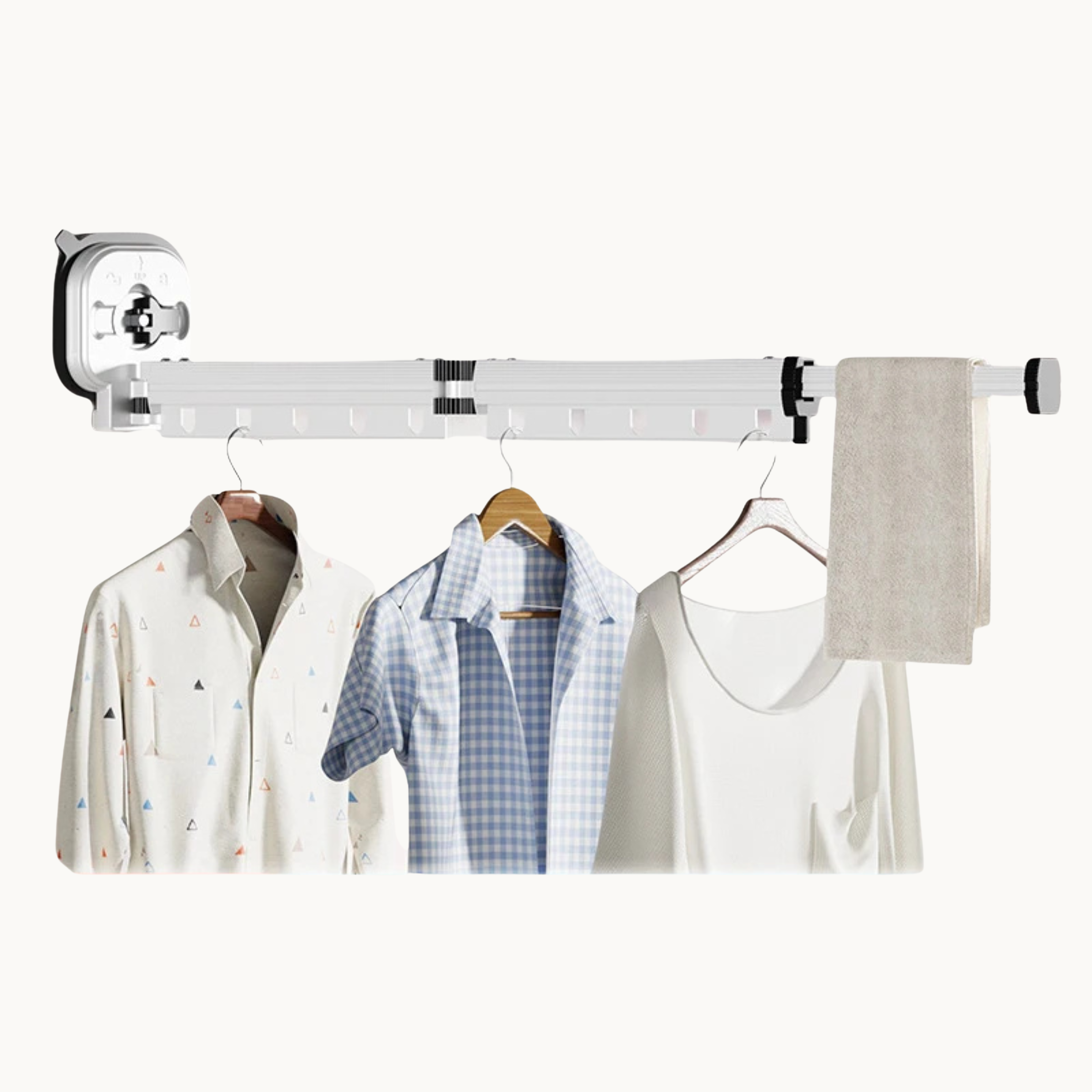 Wall mounted retractable drying rack holding shirts and towel for space-saving laundry