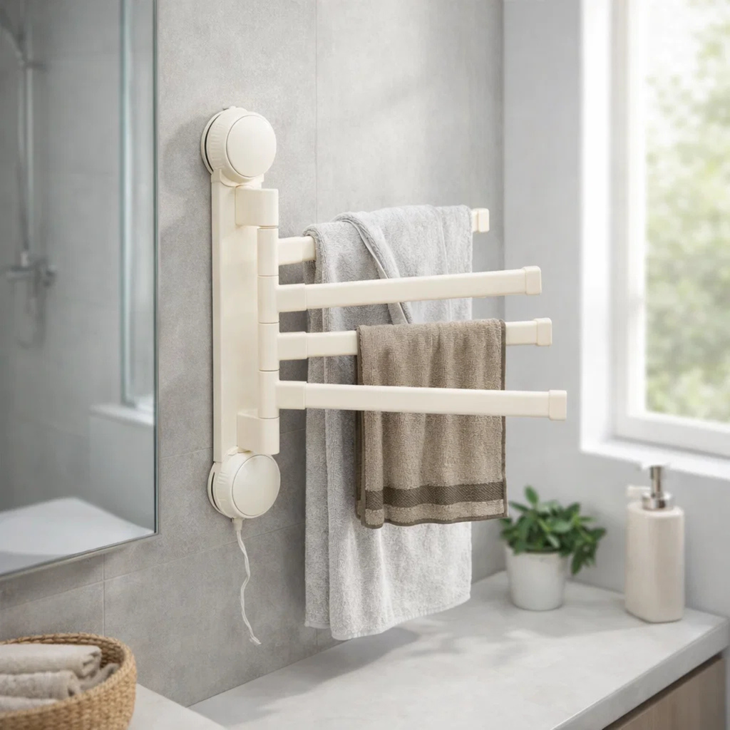 Wall mounted folding drying rack with towels in modern bathroom setting