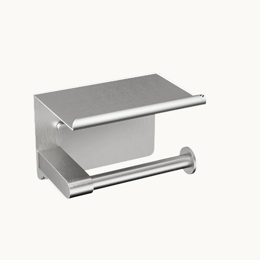 Stainless steel wall mounted toilet paper holder with shelf for modern bathrooms