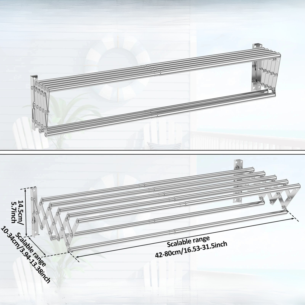 Adjustable wall mounted stainless steel drying rack with extendable rods and measurements shown.