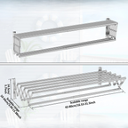 Adjustable wall mounted stainless steel drying rack with extendable rods and measurements shown.