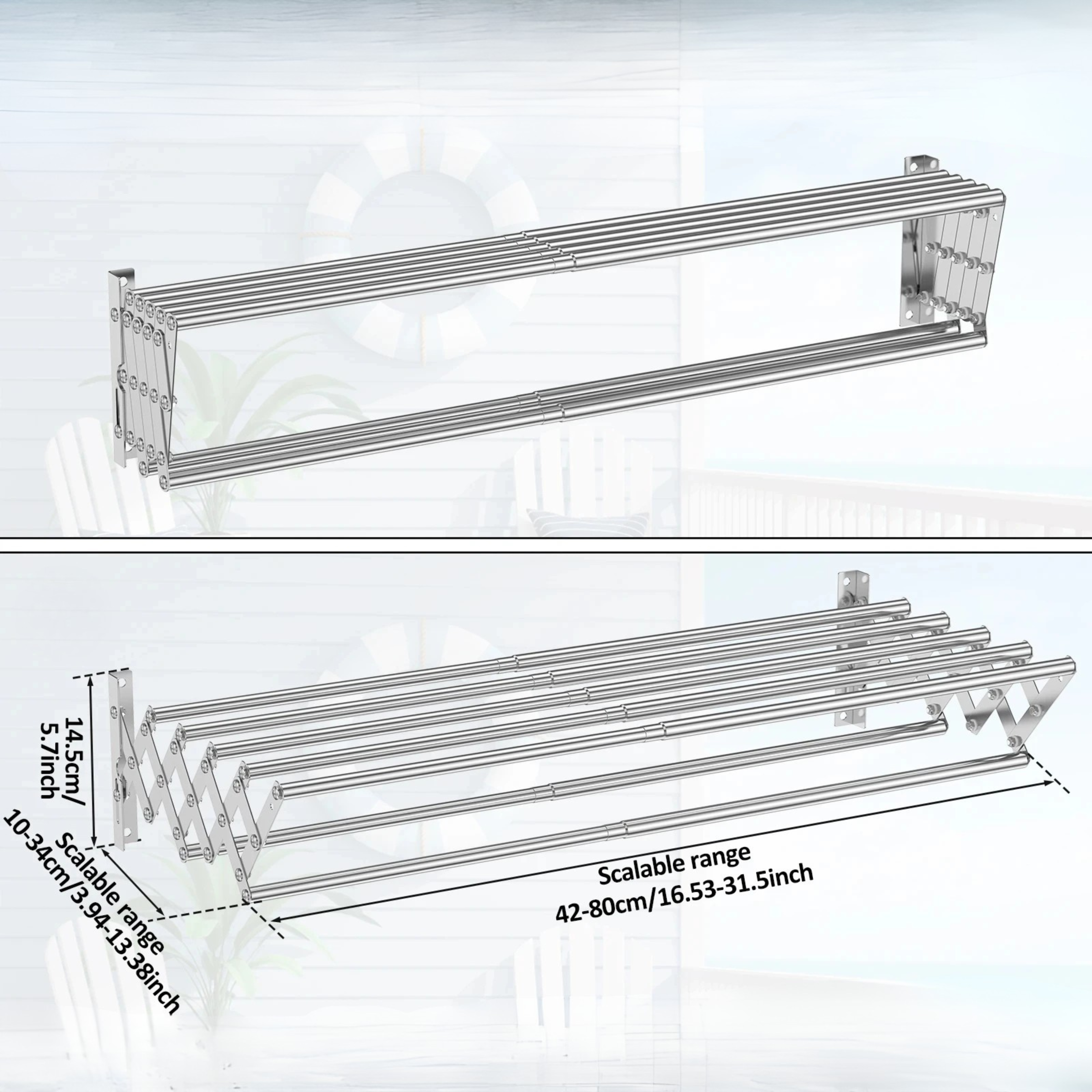 Adjustable wall mounted stainless steel drying rack with extendable rods and measurements shown.