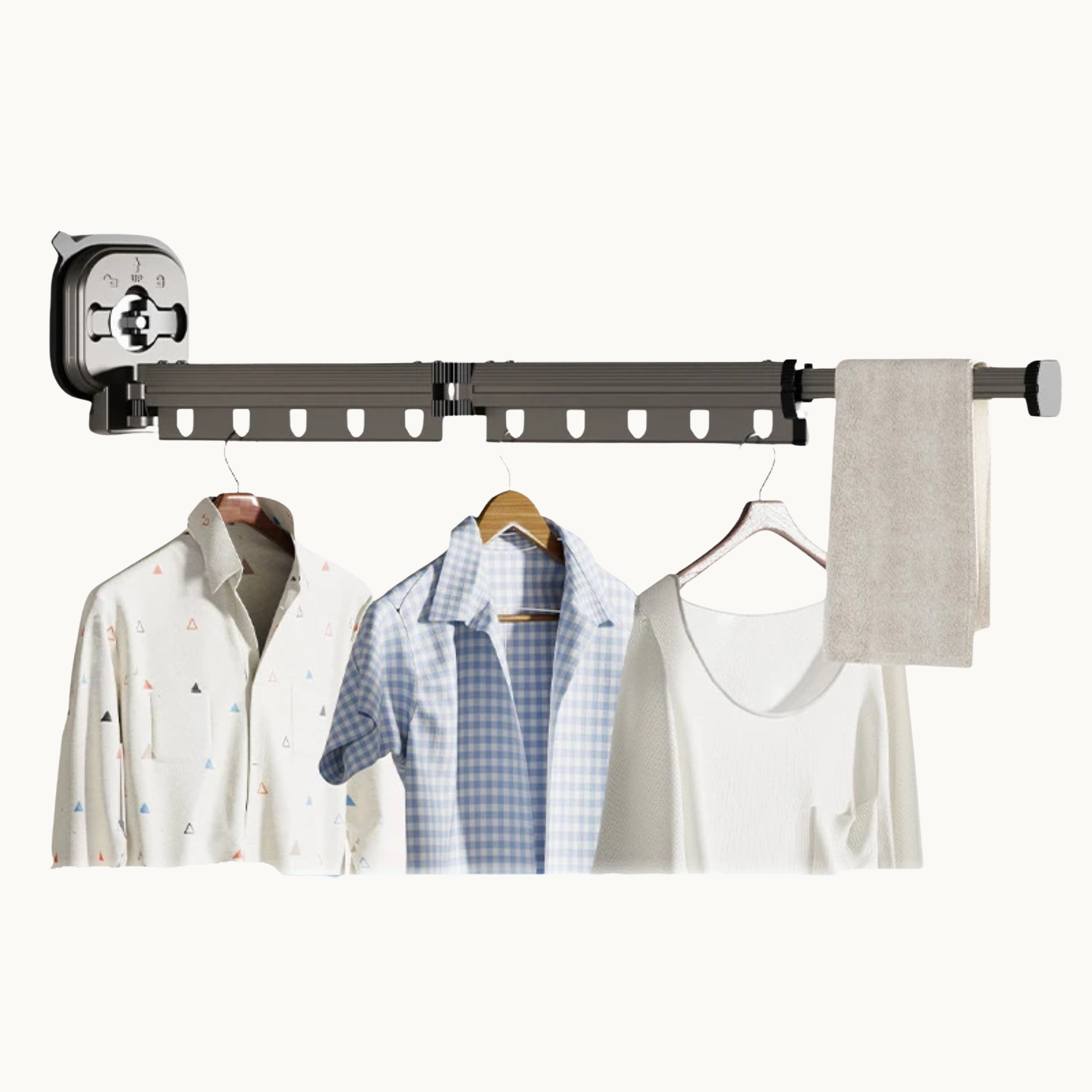 Wall mounted retractable drying rack with shirts and towel hanging, space-saving design