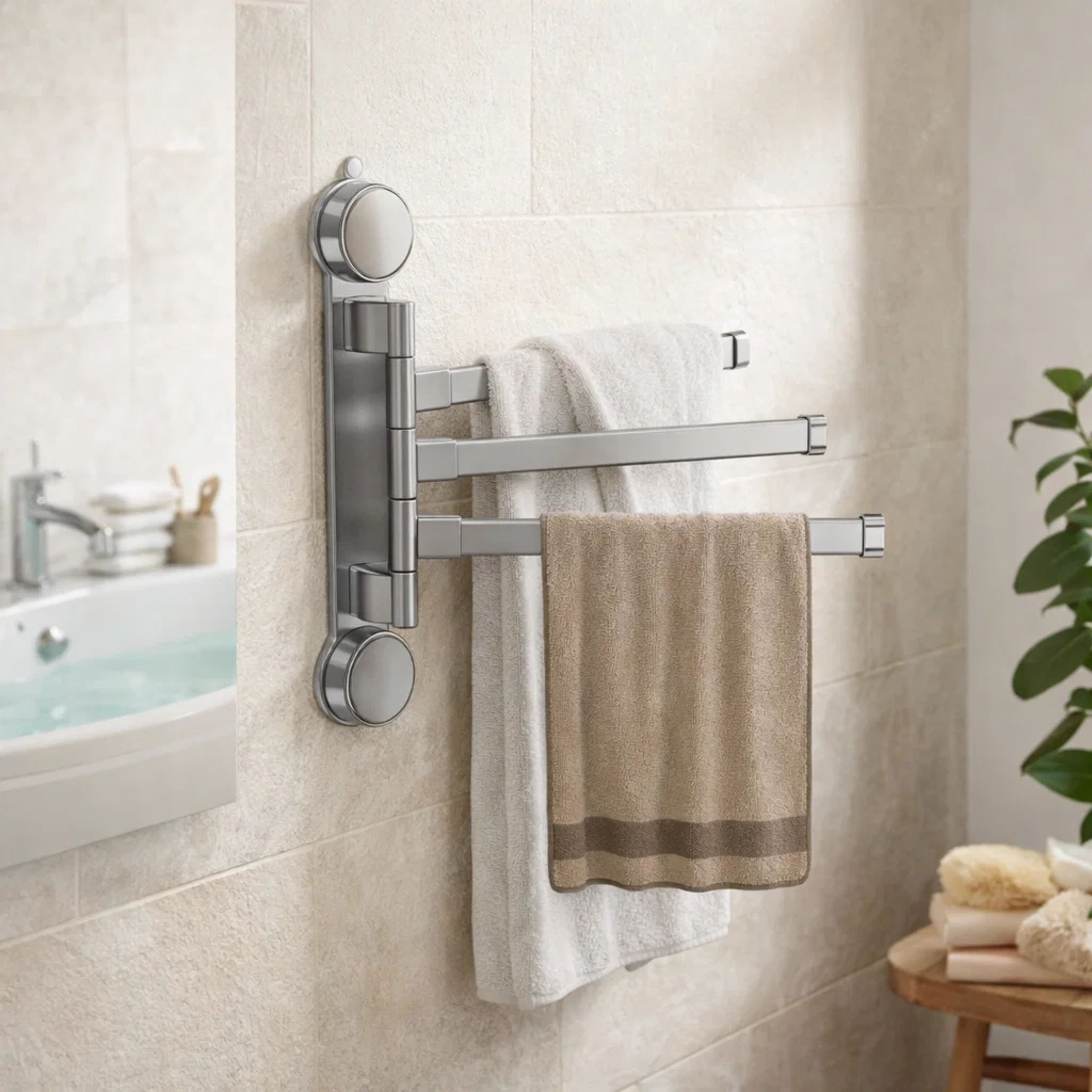 Wall mounted stainless steel towel rack with three swivel arms in a modern bathroom