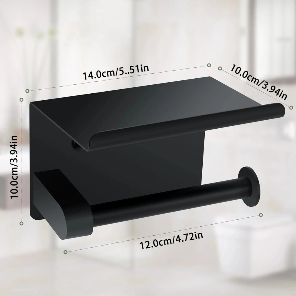 Wall mounted black toilet paper holder with shelf, shown with dimensions in modern bathroom