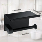 Wall mounted black toilet paper holder with shelf, shown with dimensions in modern bathroom