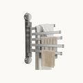 Wall mounted stainless steel drying rack with multiple arms holding towels