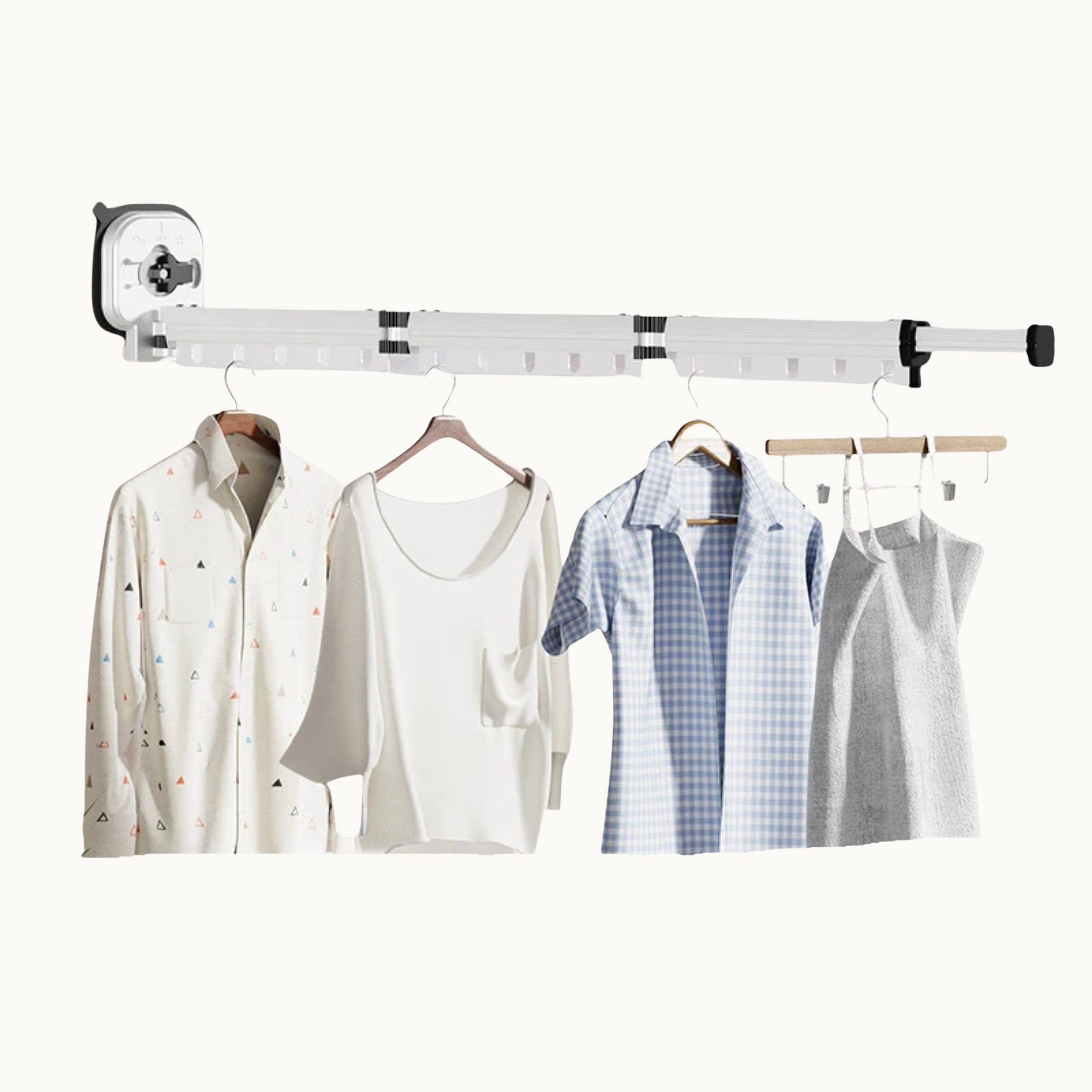 Wall mounted folding drying rack holding shirts and clothes on hangers for small spaces