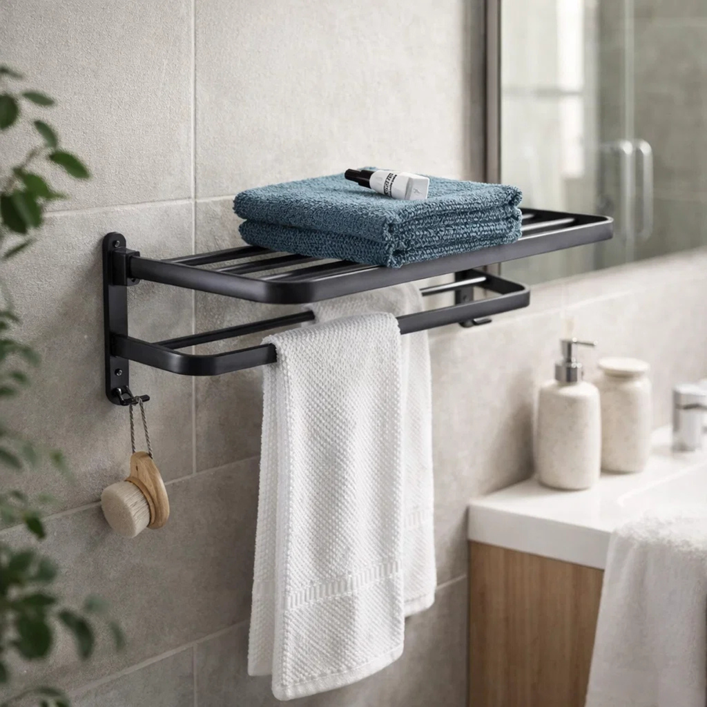 Wall mounted bathroom towel rack with folded towels and hanging brush above modern sink