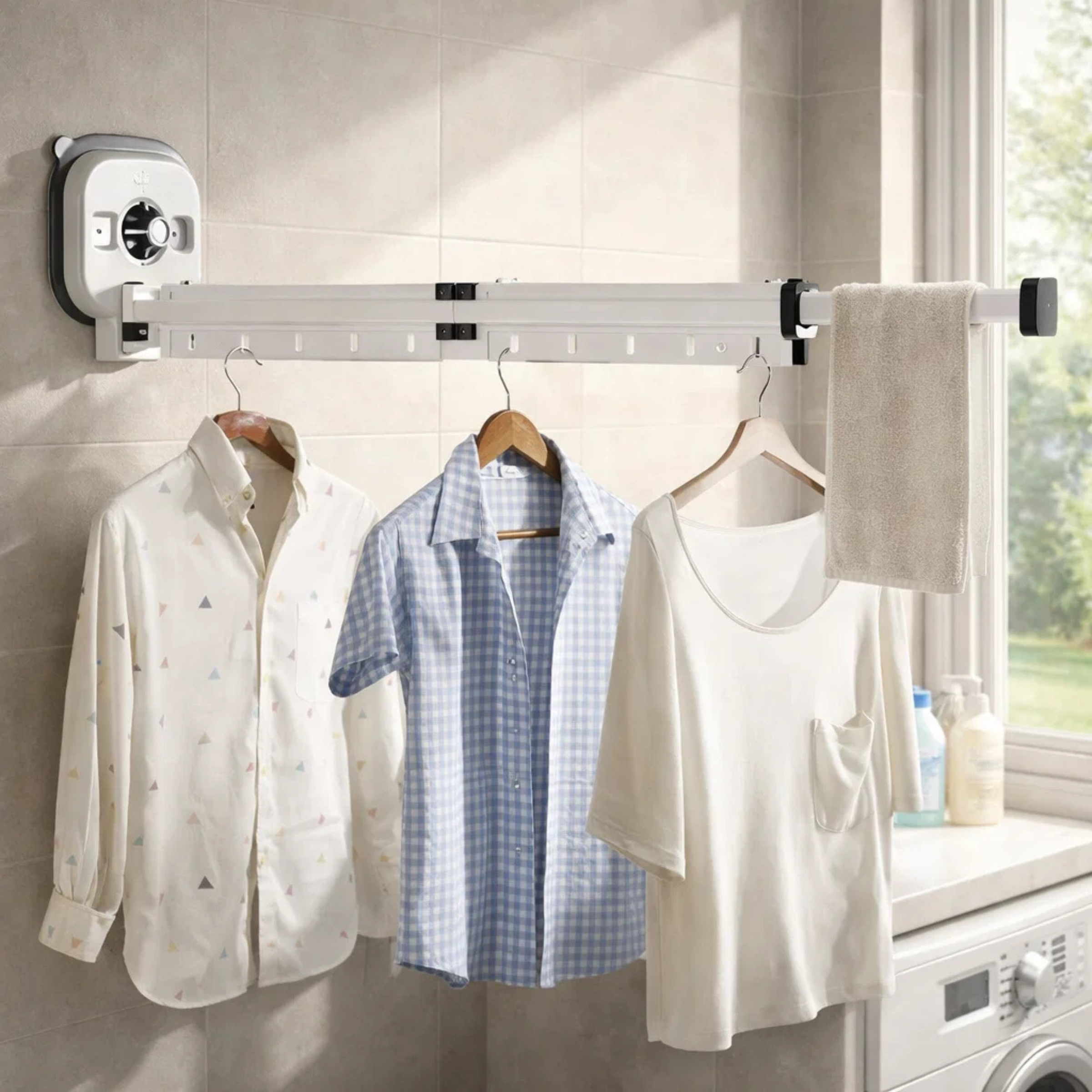Wall mounted retractable drying rack with shirts and towel hanging in laundry room