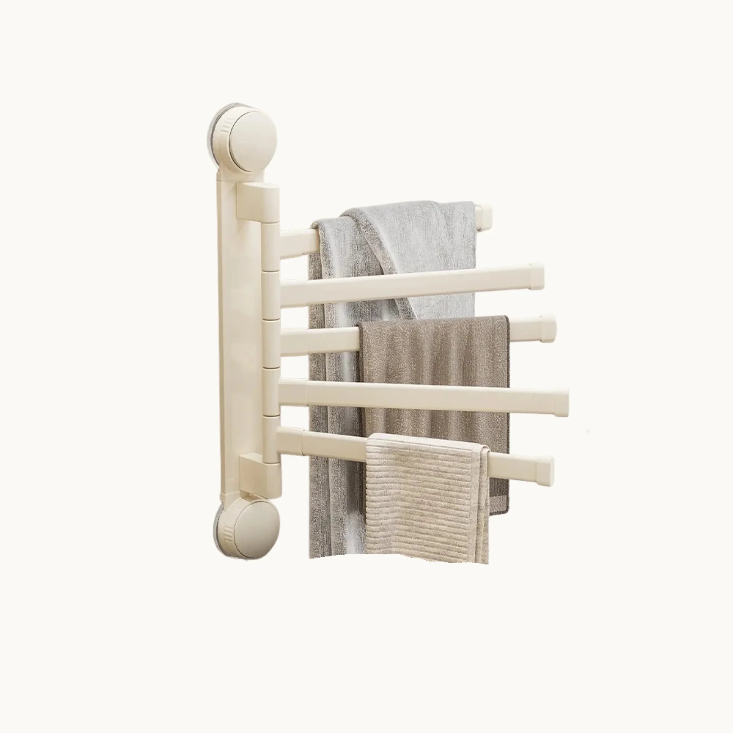 Wall mounted drying rack with multiple foldable arms holding towels, space-saving bathroom hardware