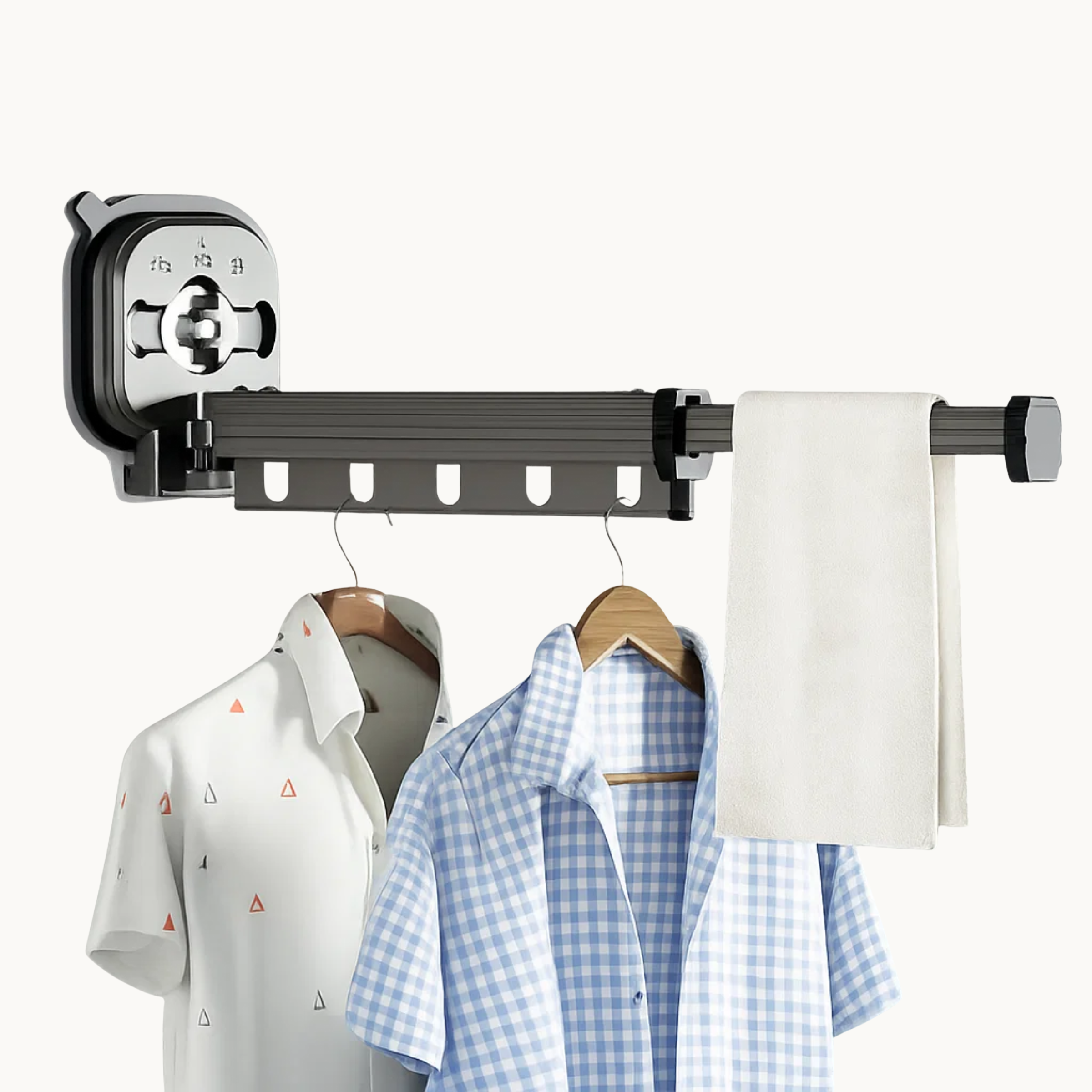 Wall mounted folding drying rack with shirts and towel for space-saving laundry