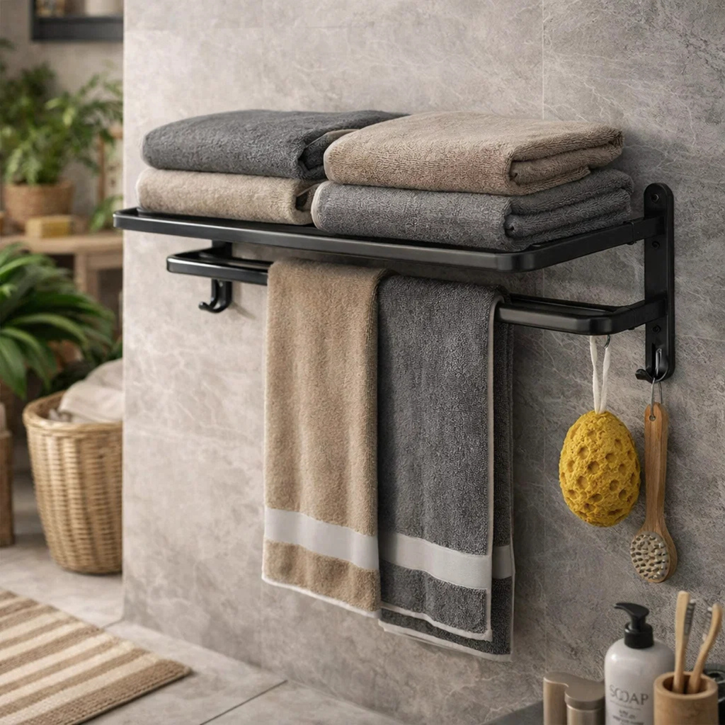 Wall mounted black towel rack with folded towels, hanging bath sponge and brush in modern bathroom