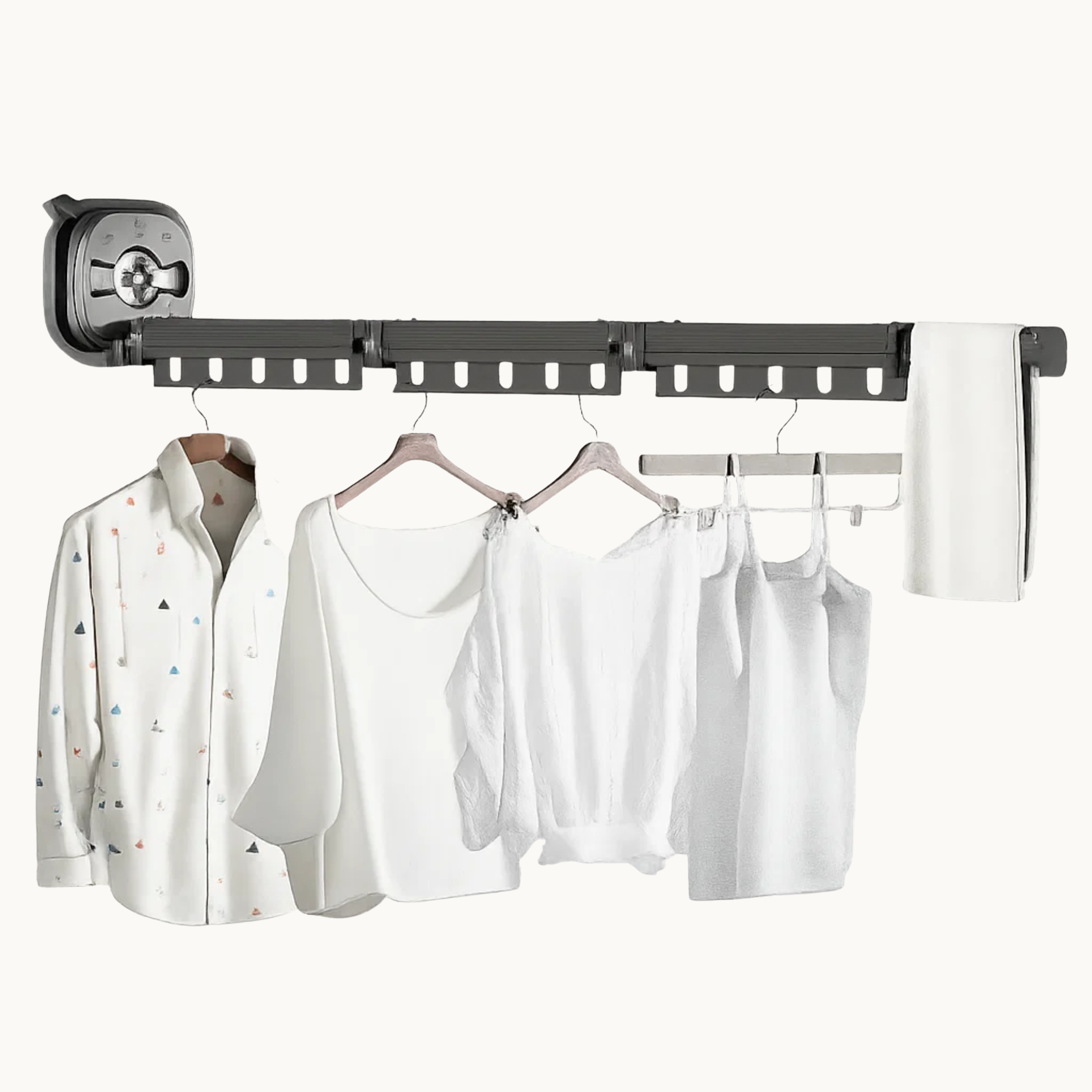 Wall mounted folding drying rack with shirts, tops, and towel hanging on it