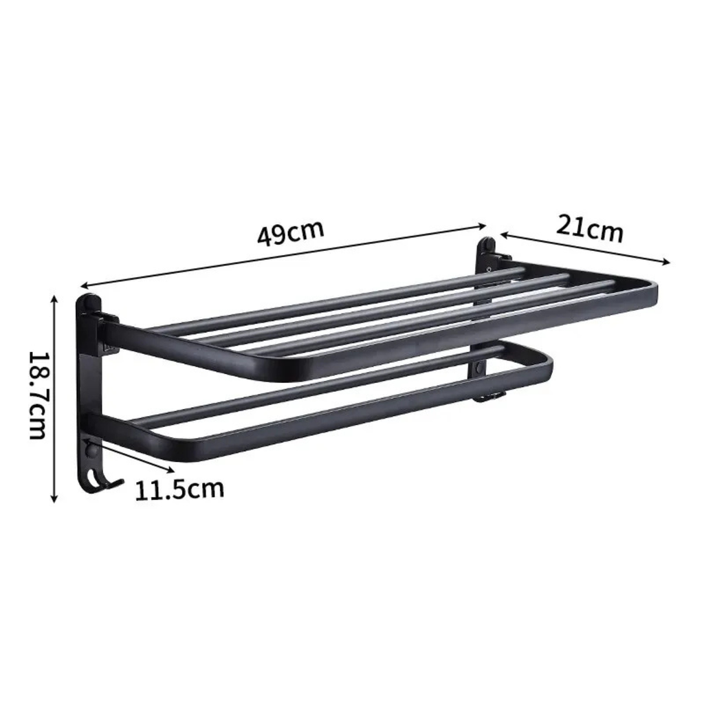 Black wall mounted bathroom towel rack with hooks, measured at 49cm x 21cm x 18.7cm