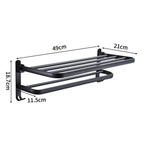 Black wall mounted bathroom towel rack with hooks, measured at 49cm x 21cm x 18.7cm