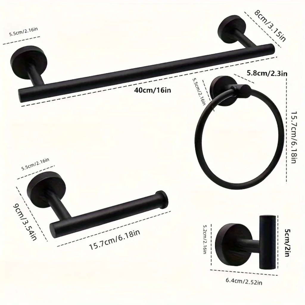 Matte black bathroom hardware set with towel bar, ring, toilet paper holder, and hook with measurements.