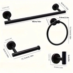 Matte black bathroom hardware set with towel bar, ring, toilet paper holder, and hook with measurements.