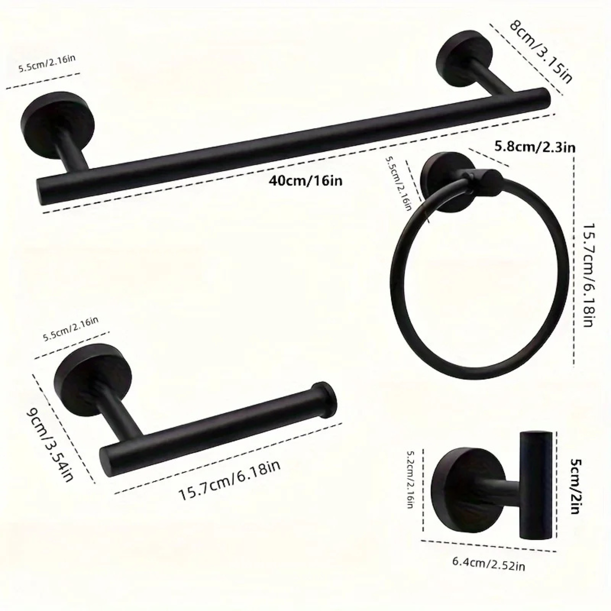 Matte black bathroom hardware set with towel bar, ring, toilet paper holder, and hook with measurements.