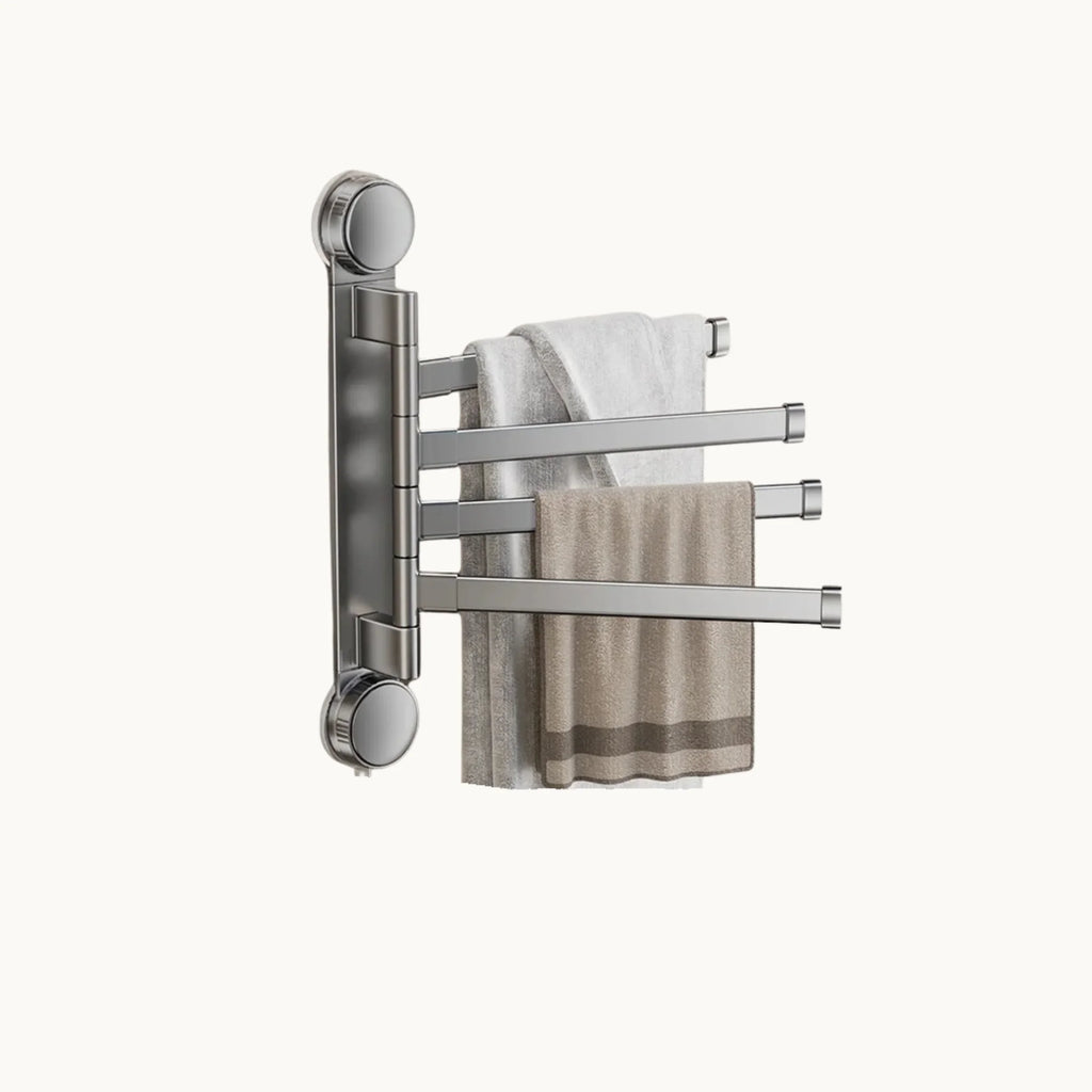 Wall mounted stainless steel swivel towel rack with four arms holding towels