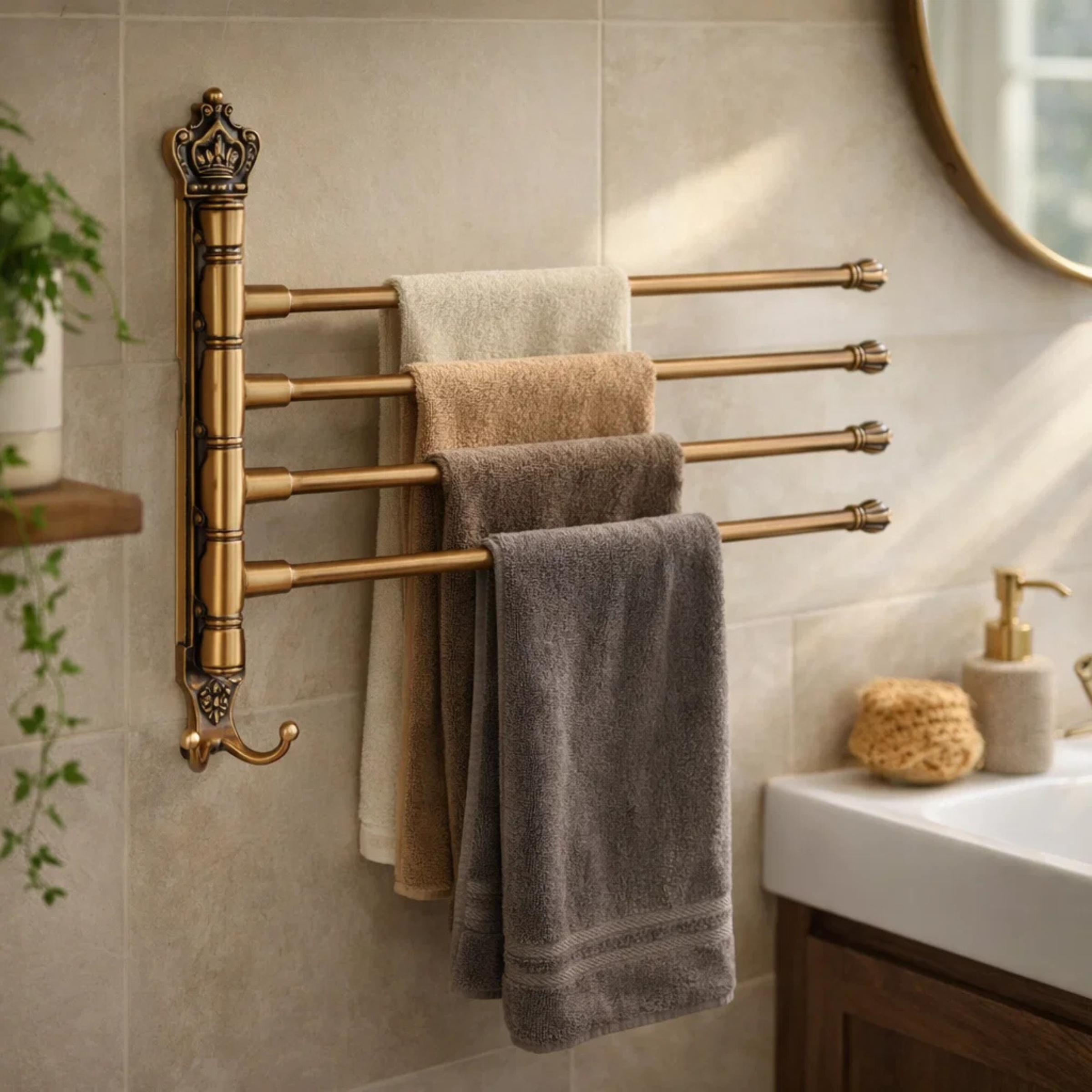 Wall mounted gold towel rack with four bars holding towels in a modern bathroom.