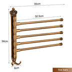 Antique brass wall mounted five-bar towel rack with swivel arms and measurements displayed.