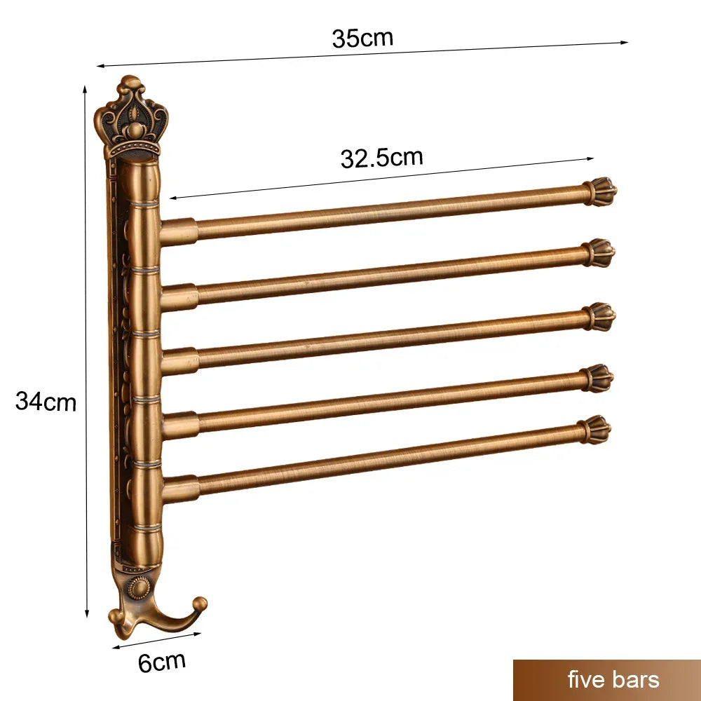 Antique brass wall mounted five-bar towel rack with swivel arms and measurements displayed.