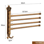 Antique brass wall mounted towel rack with four swivel bars and size measurements for bathroom.