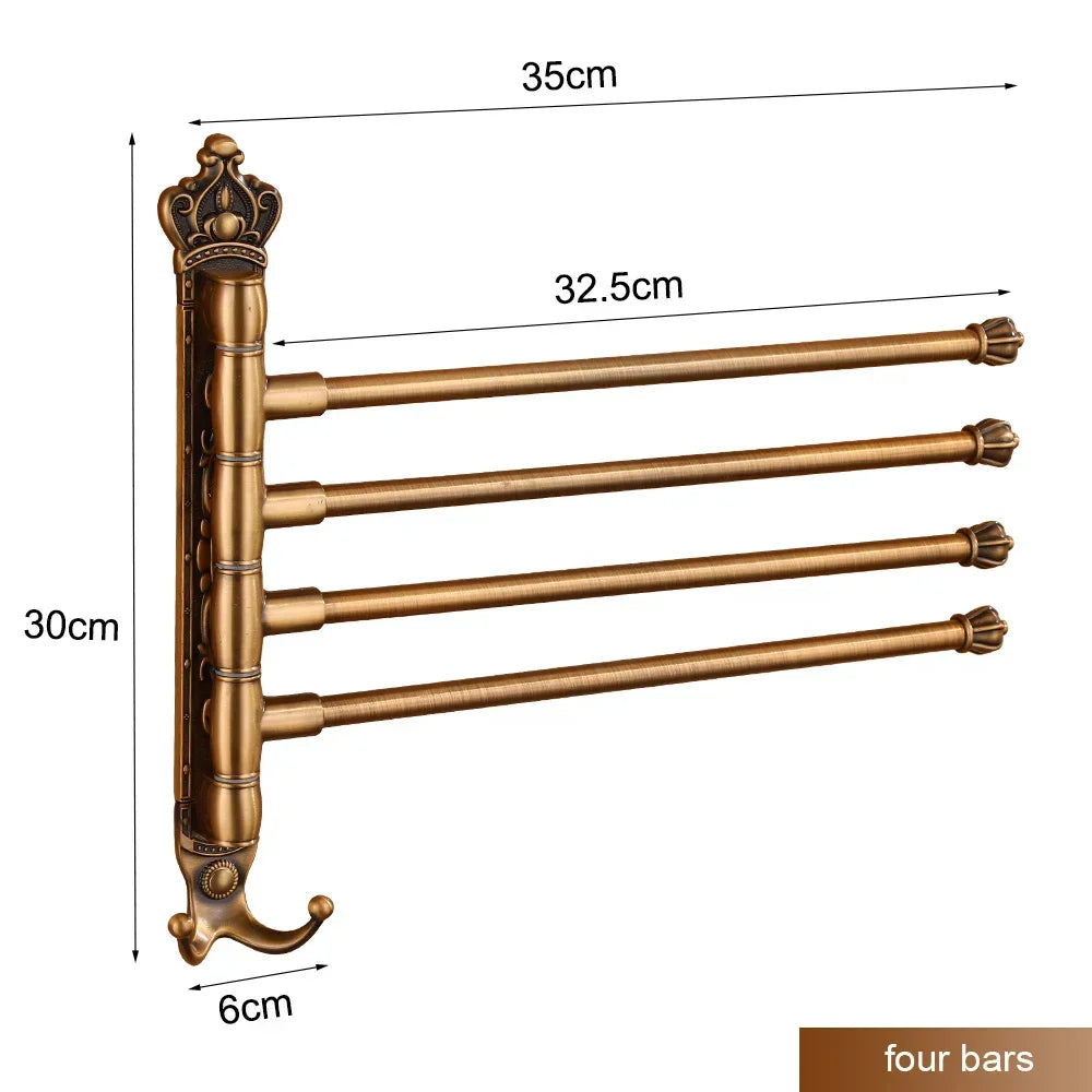 Antique brass wall mounted towel rack with four swivel bars and size measurements for bathroom.