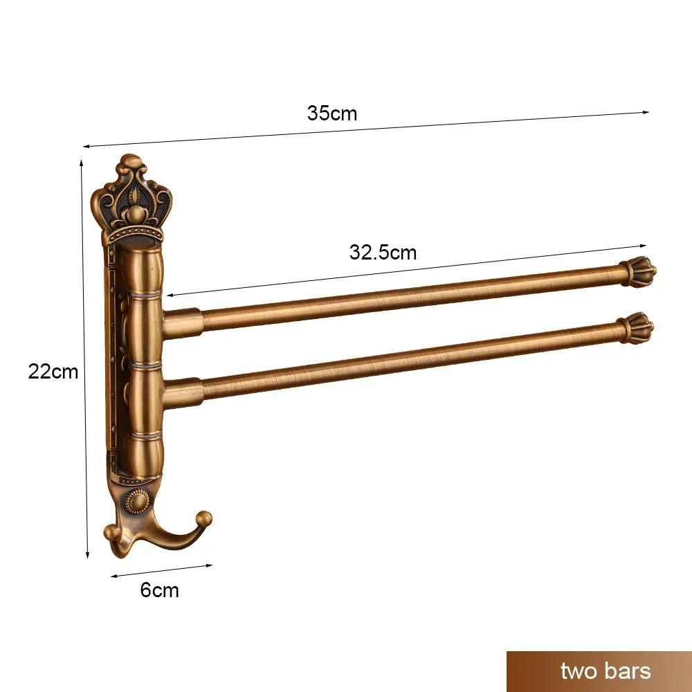 Bronze wall mounted double towel bar with decorative crown design, size 35x22x6cm.