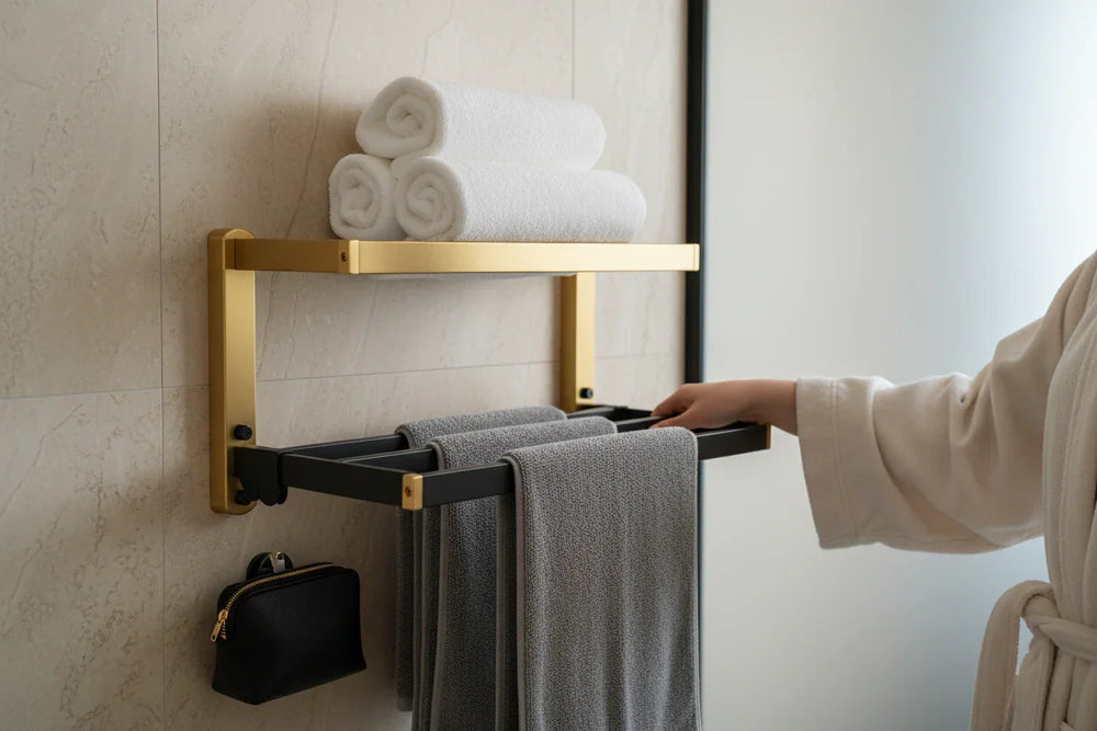 Gold and black matte aluminum wall-mounted bathroom rack holding towels and toiletries
