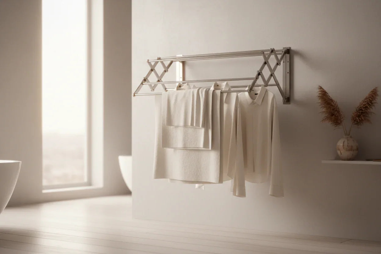 Wall mounted drying rack with towels and shirt in modern minimalist bathroom